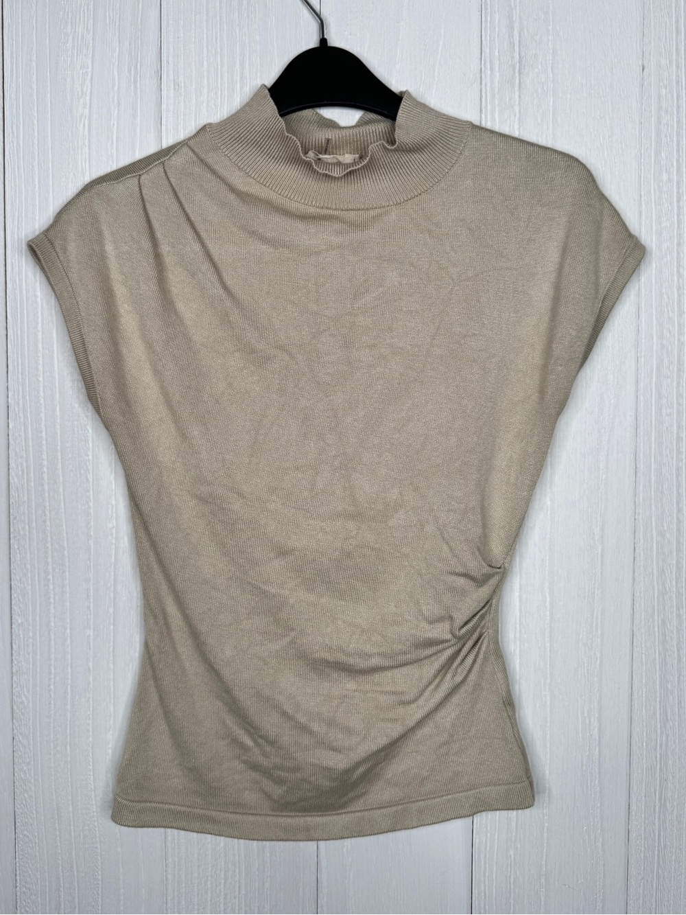 RIVIR Pleated Mock Neck Knit Top Beige Size S